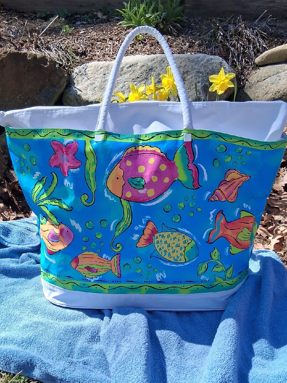 Large Bright Tropical Fish Beach Tote - Blue, Pink, Green
